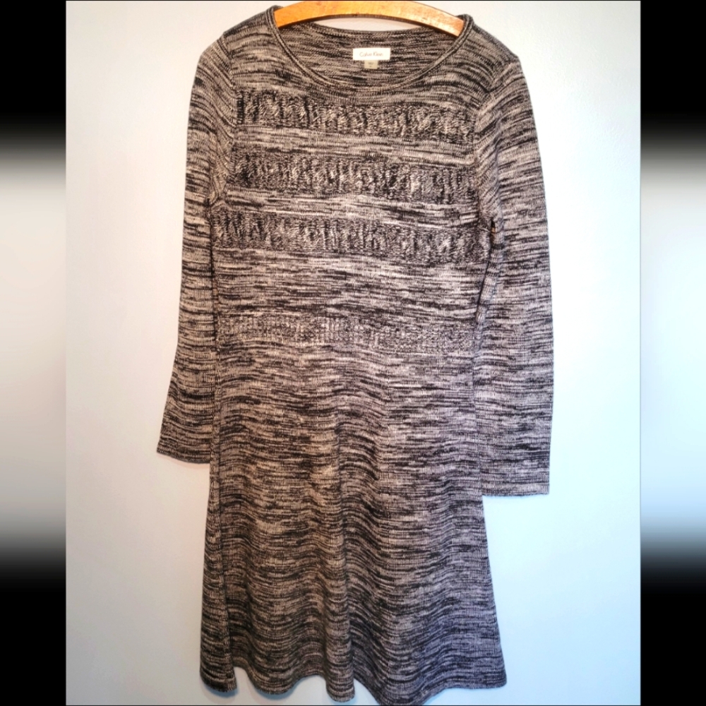 Calvin Klein Womens Marled Knit Fit And Flare Sweater Dress Gray/Black Size M